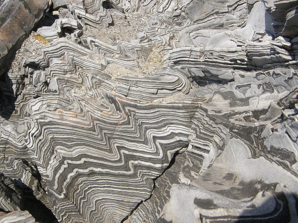 Grey and white rock layers bent into tight zigzag folds on Kangaroo Island
